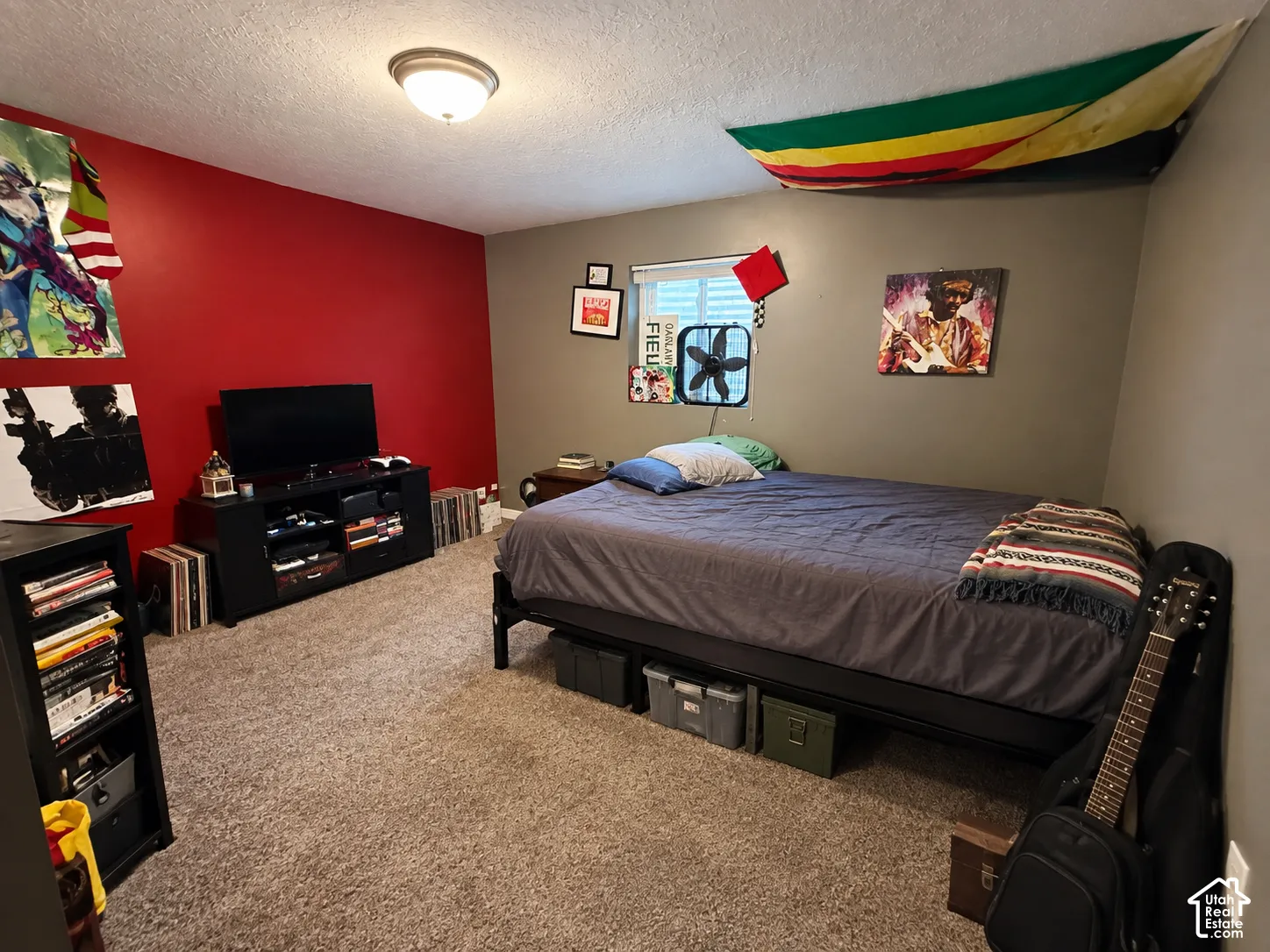 Carpeted flooring, window with blinds, ceiling-mounted light fixture