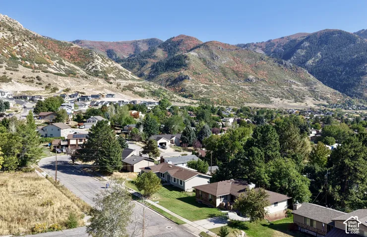 Residential area with established landscaping and mountain backdrop