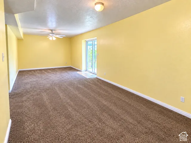 Spacious room with plush brown carpeting, bright yellow walls, and white trim