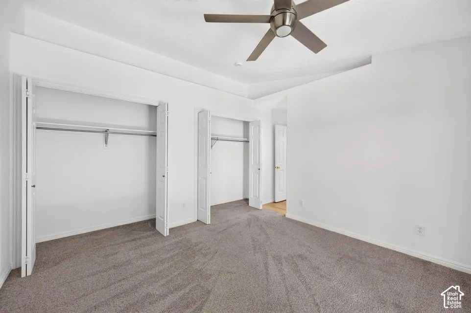 Tray ceiling, neutral carpeting, ceiling fan with light, bi-fold closet doors, and wood-finish flooring visible through the doorway