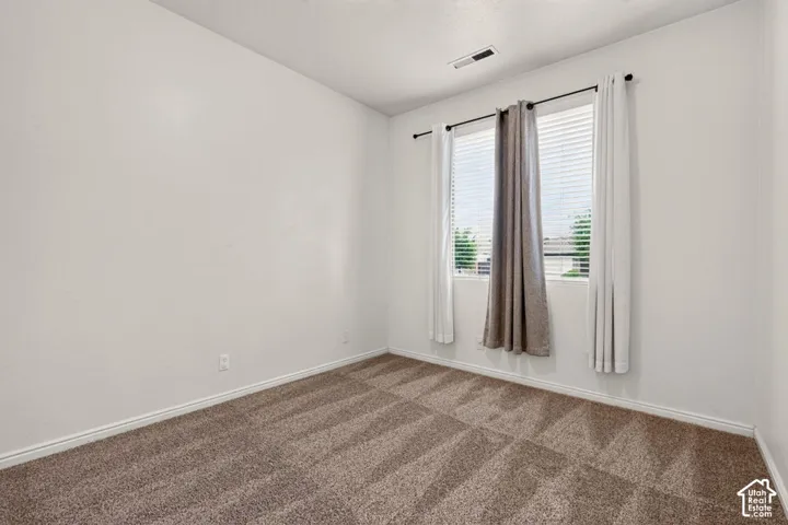 Neutral wall paint, plush carpeting, windows, and window treatments
