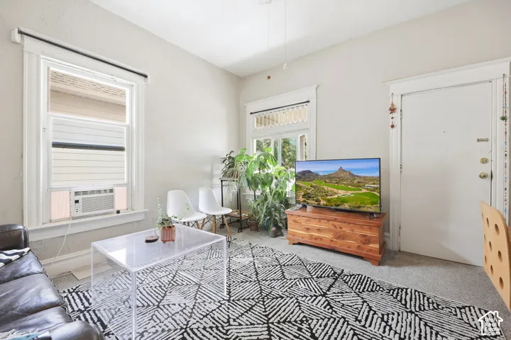 High ceilings with decorative crown molding and an air conditioning unit