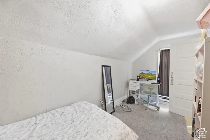 Sloped ceilings, textured walls, paneled interior door, and carpet flooring