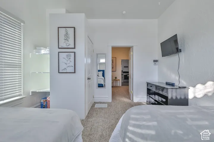 Carpeted flooring, white walls, built-in shelving, and a wall-mounted television