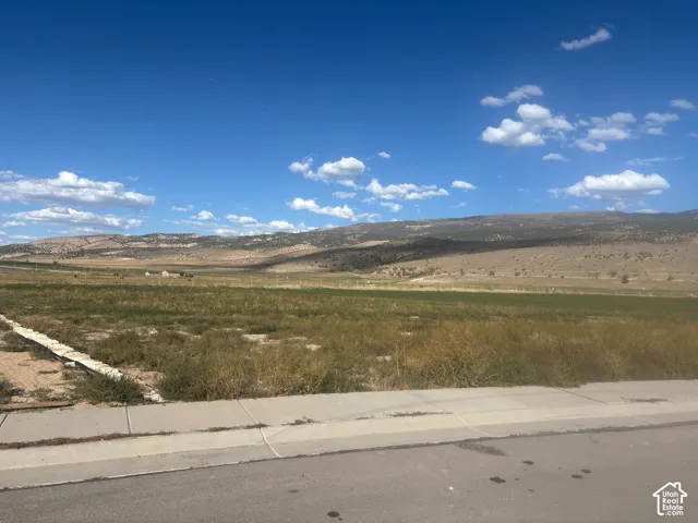 Expansive undeveloped land with distant mountain ranges, a clear blue sky, and a concrete sidewalk bordering the property