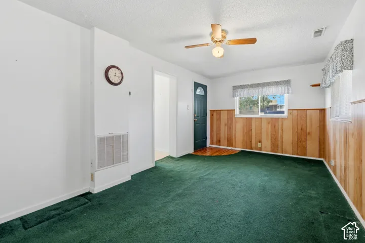 Green carpeting, wood paneling, a ceiling fan with light, and a dark-paneled entry door