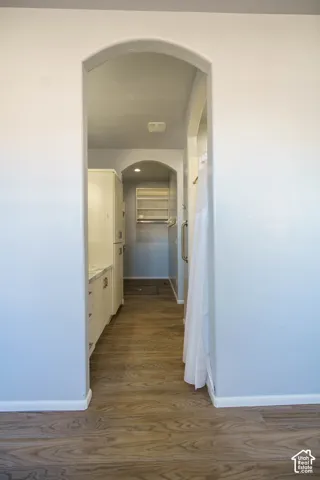 Archway entry with wood-finish flooring