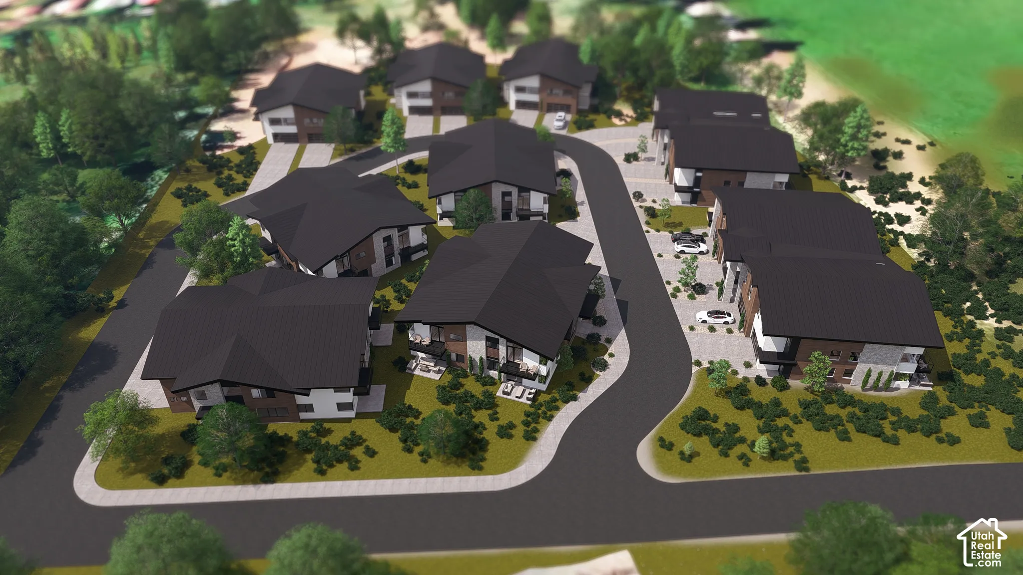 Modern architectural design community featuring dark-toned roofs, white and wood-finish exterior accents, and integrated driveways