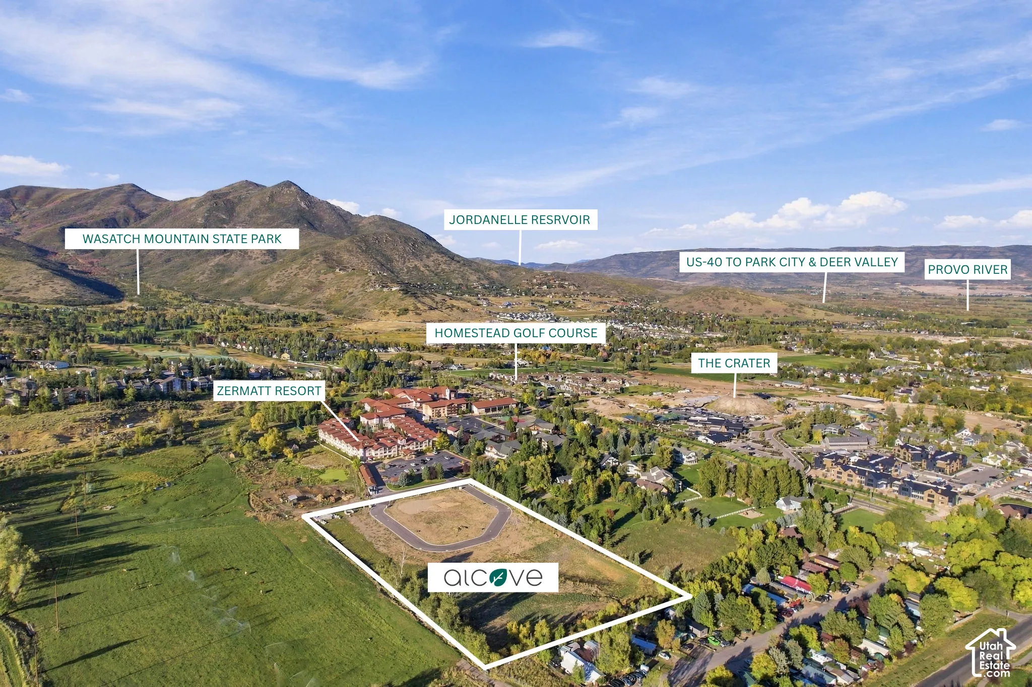 Aerial perspective showcasing surrounding terrain, Zermatt Resort, and Homestead Golf Course