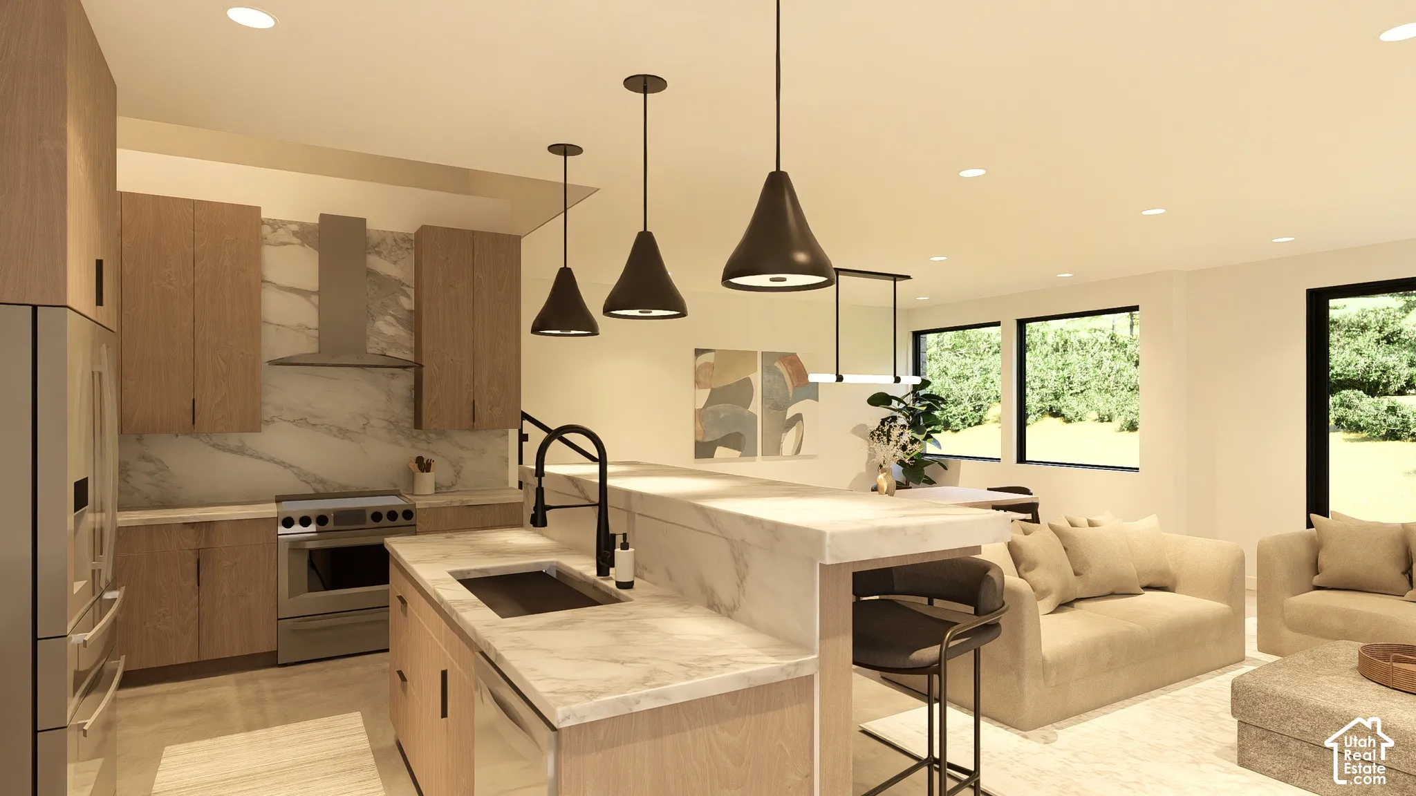 Spacious open-concept living area featuring a kitchen island with integrated sink, stainless steel appliances, wood-finish cabinetry, and large rectangular windows