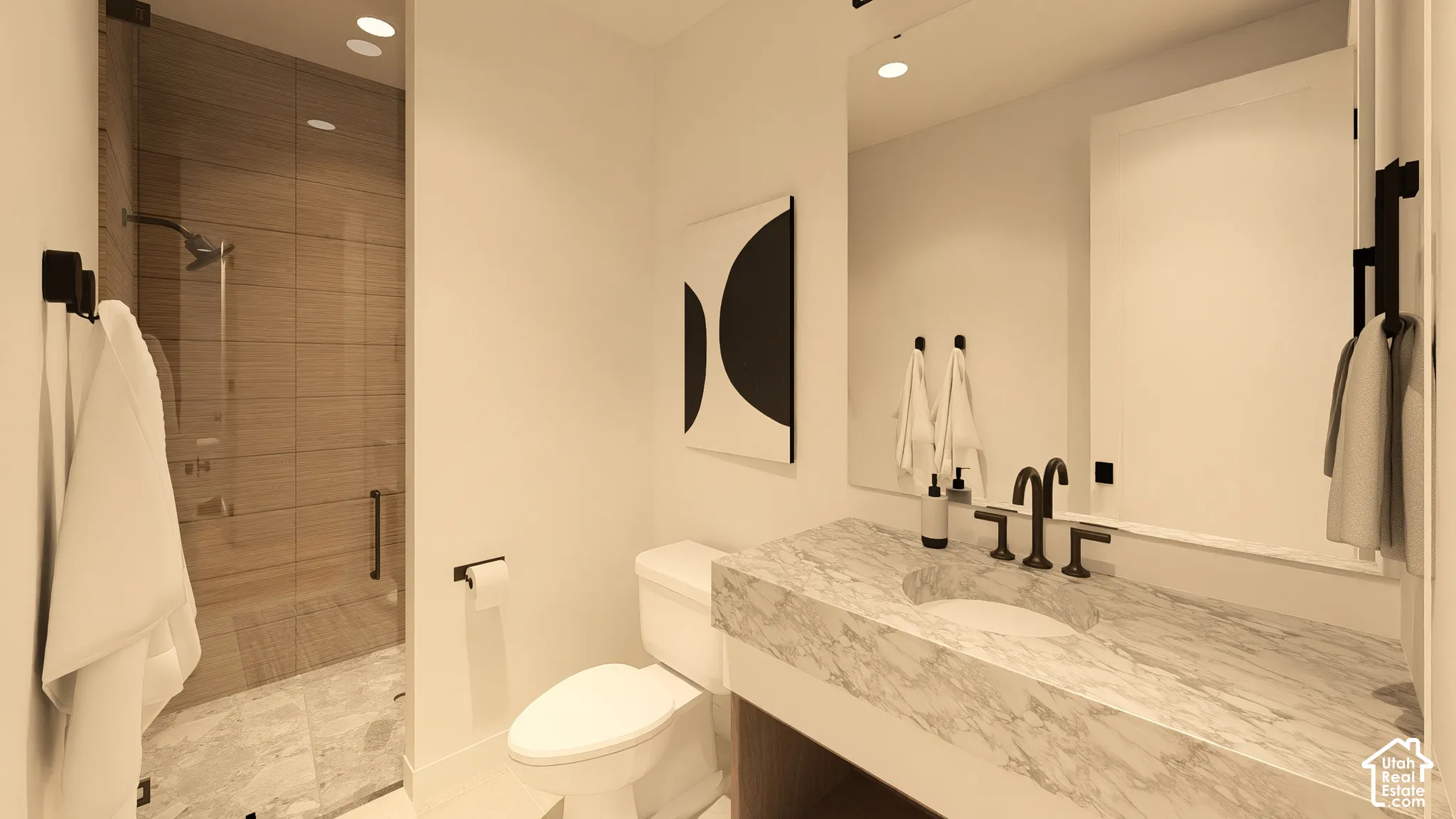 Walk-in shower with clear glass enclosure and linear tile, single vanity with integrated sink, stone countertop, matte black fixtures, and recessed lighting