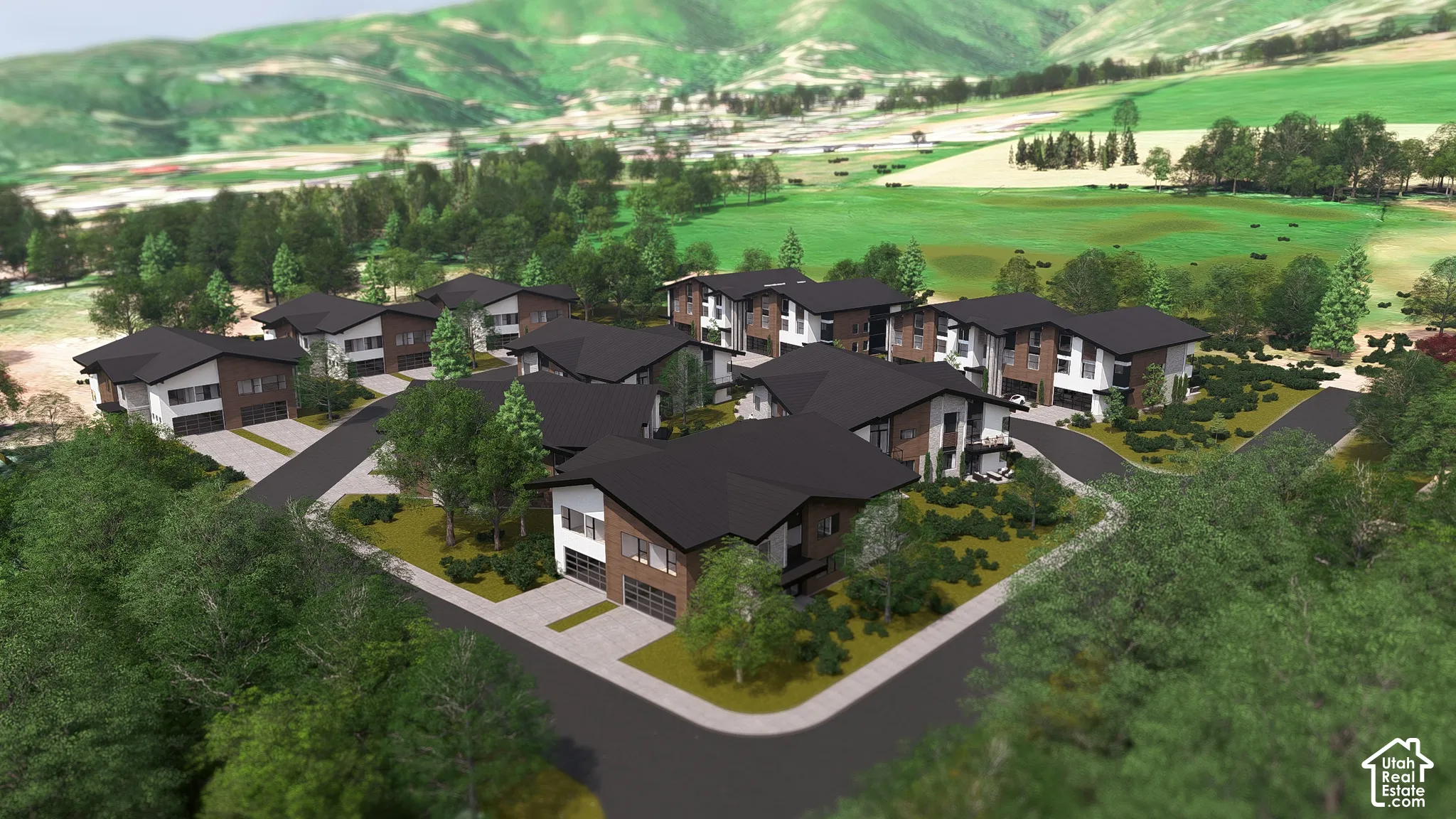Modern residential development with multiple units, integrated garages, manicured landscaping, and a distant mountain backdrop