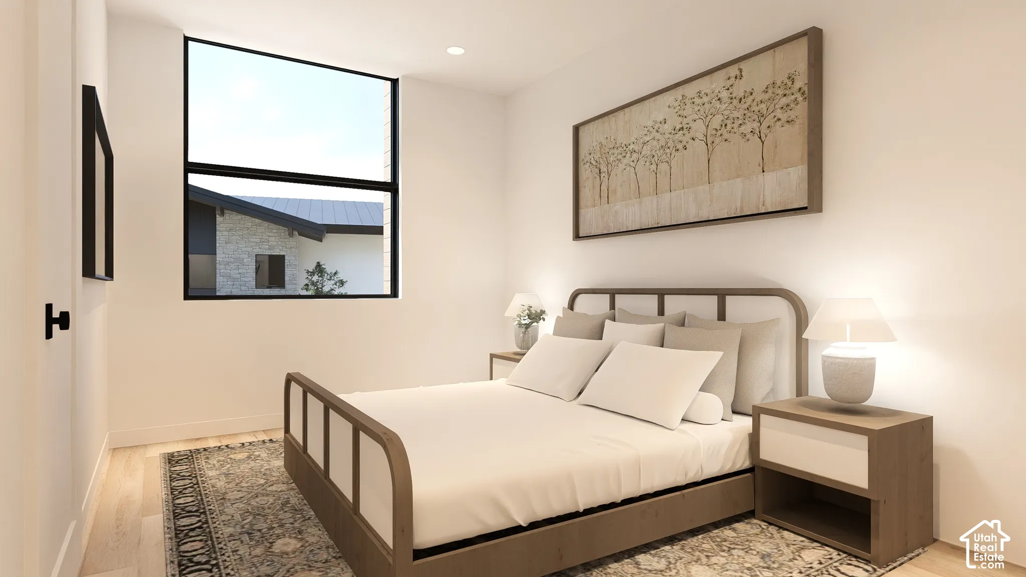 Expansive window with black framing, recessed lighting, and wood-finish flooring