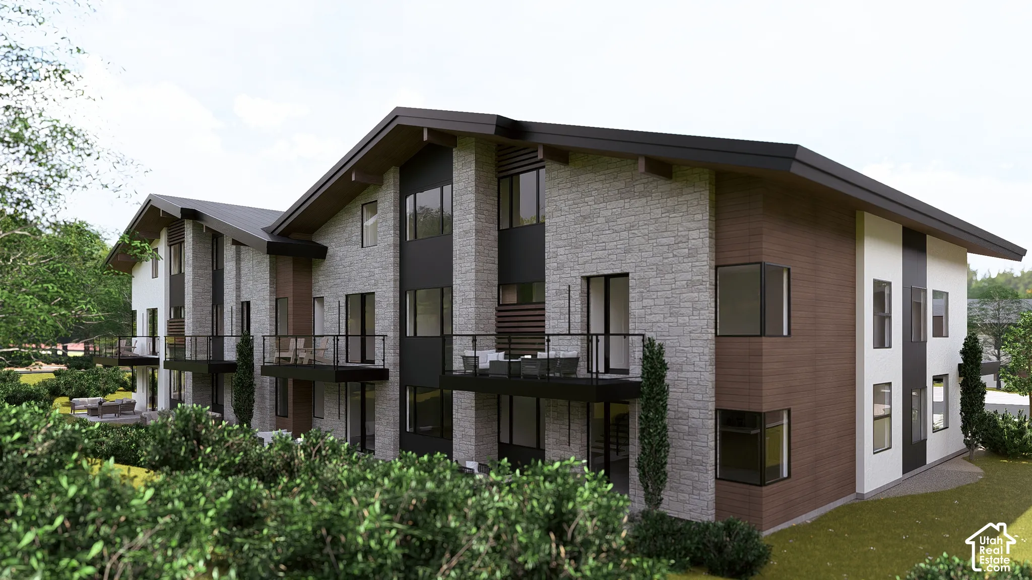 Modern multi-story facade featuring stone, wood-finish, and white paneling