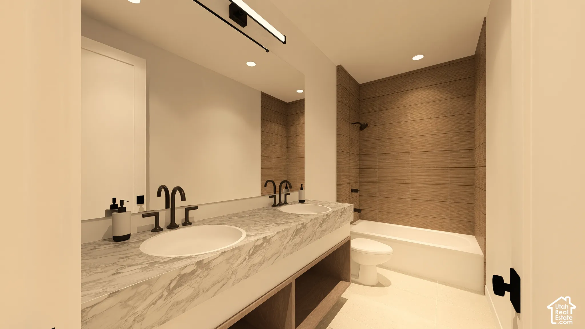 Dual vanity with marble-finish countertop and undermount sinks