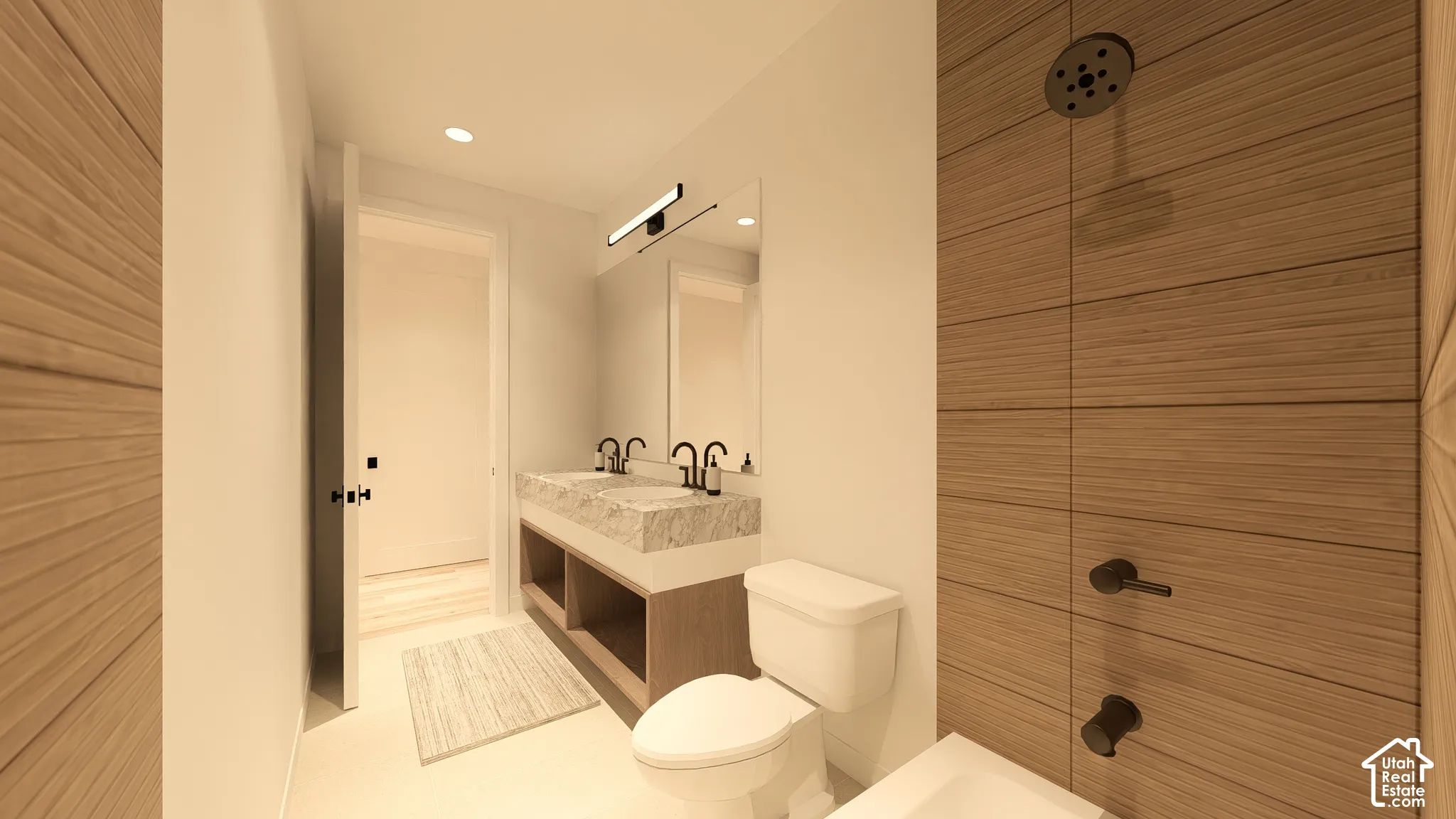 Dual vanity with undermount sinks and dark fixtures, wood-finish open shelving, shower with wood-finish wall tile, and recessed lighting