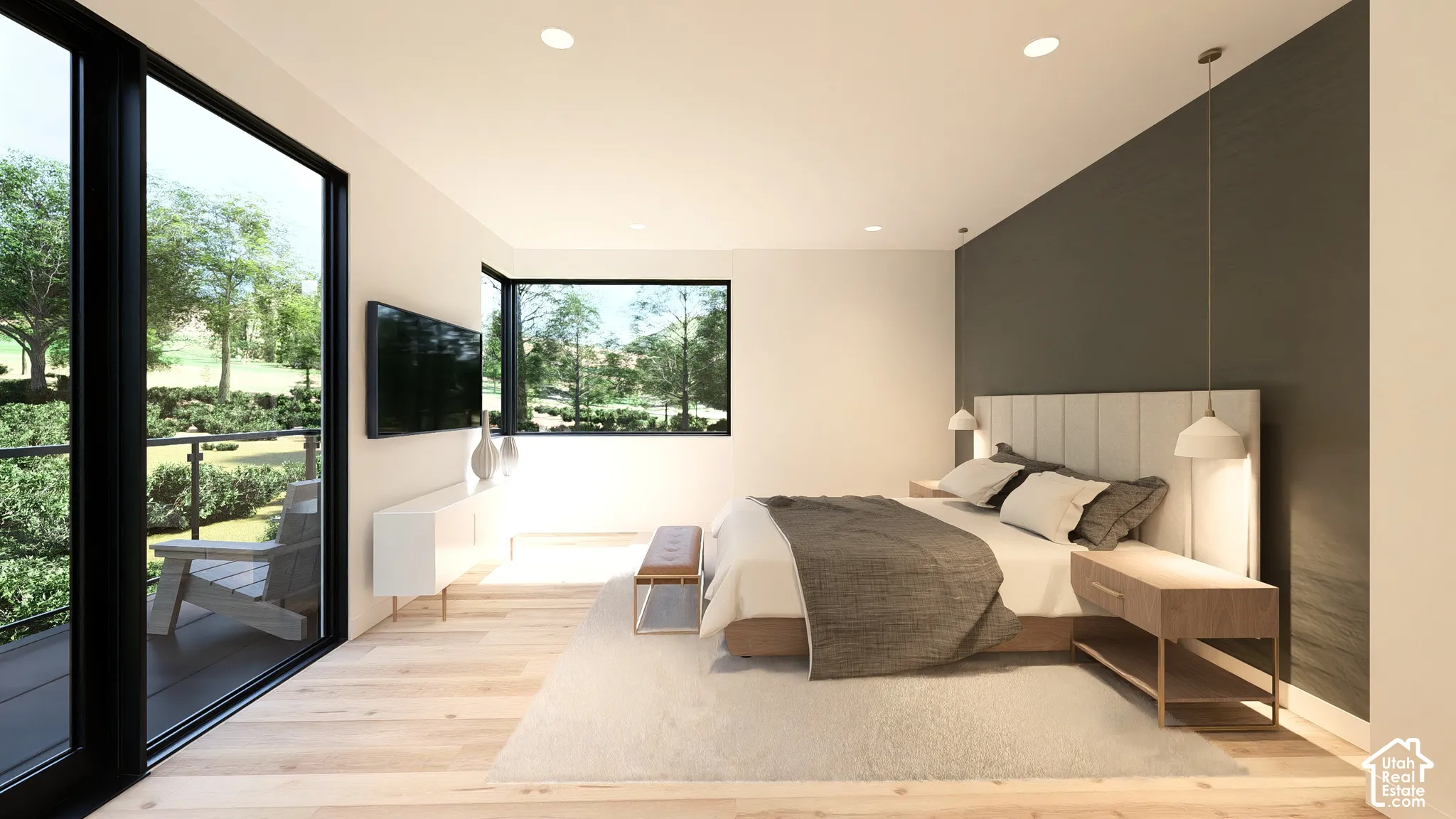 Light wood-finish flooring, a full-height glass sliding door, and recessed ceiling lighting