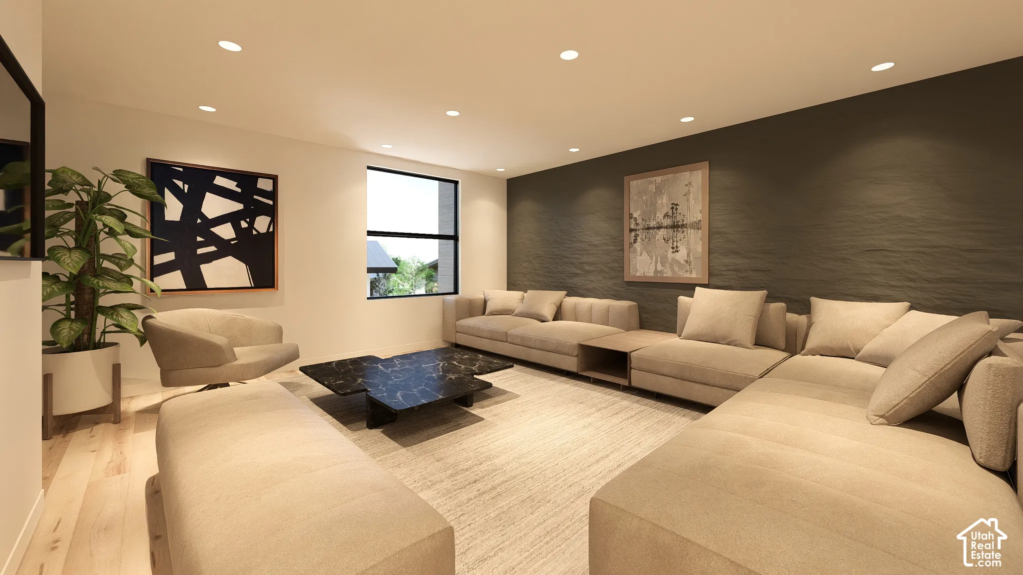 Recessed lighting, light wood-finish flooring, accent wall with textured finish, large window, and built-in shelving