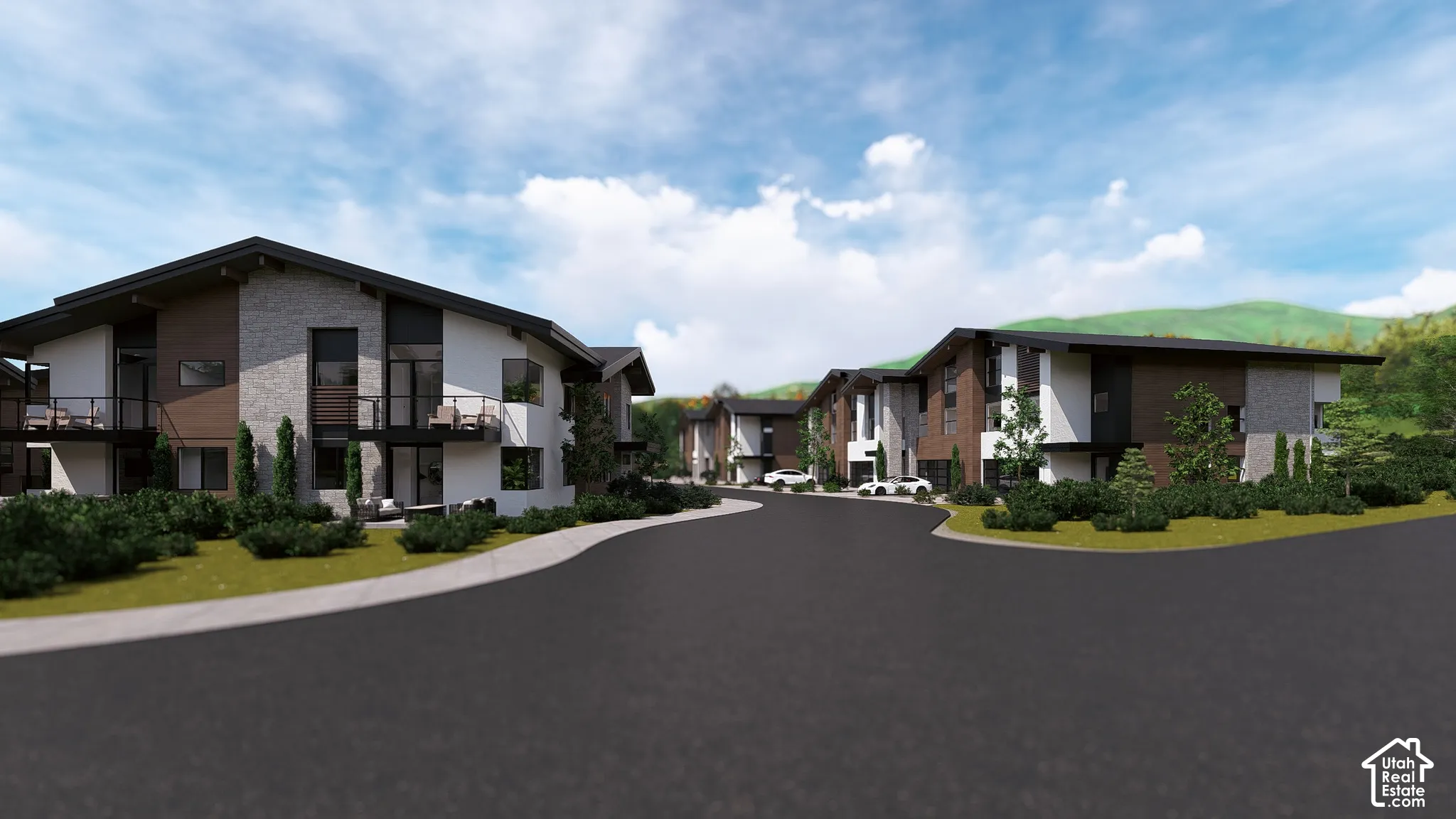 Modern architectural style with multi-textured facades, private balconies, an asphalt driveway, and landscaped grounds