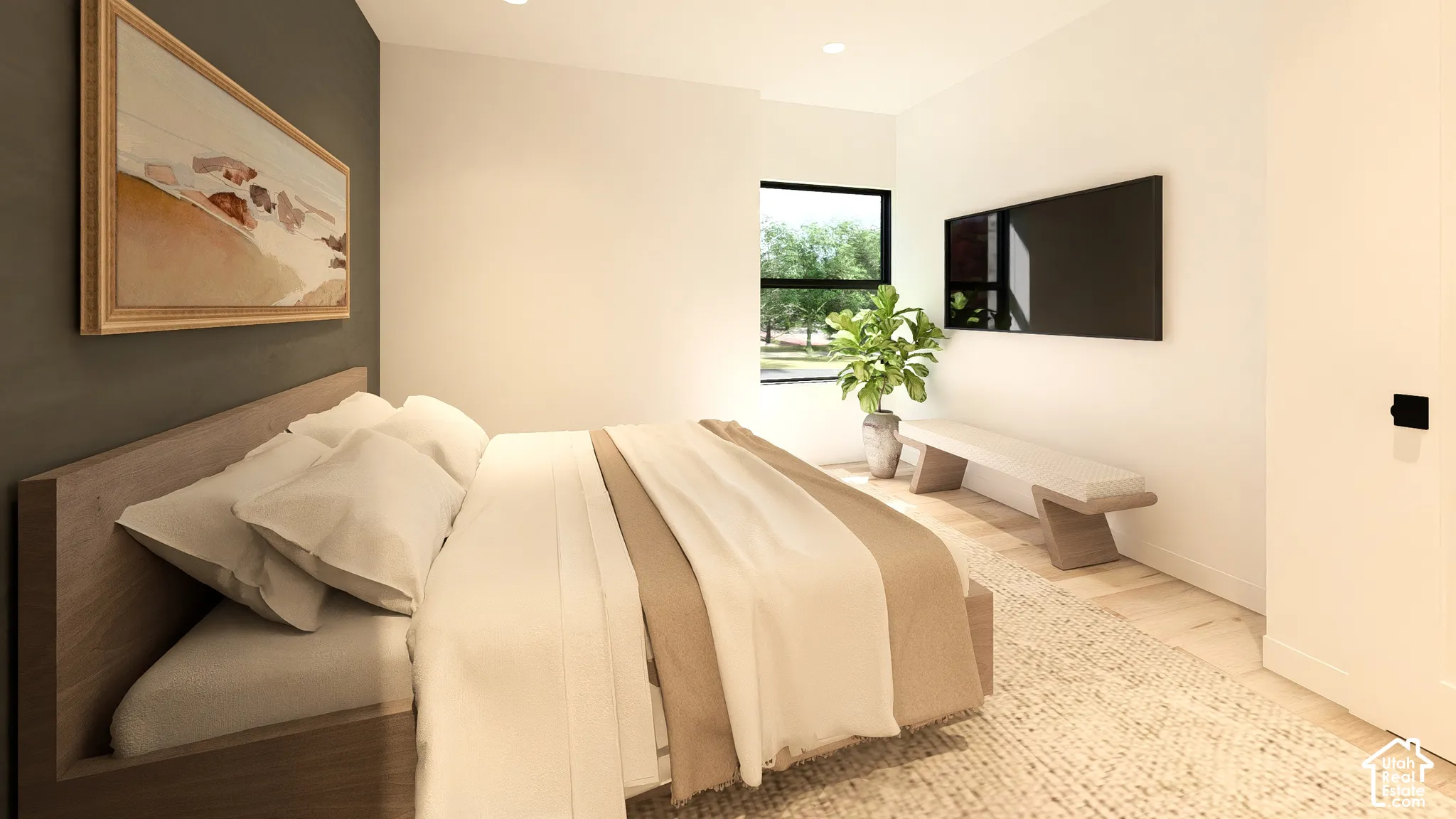 Recessed lighting, wood-finish flooring, and a large window with black trim