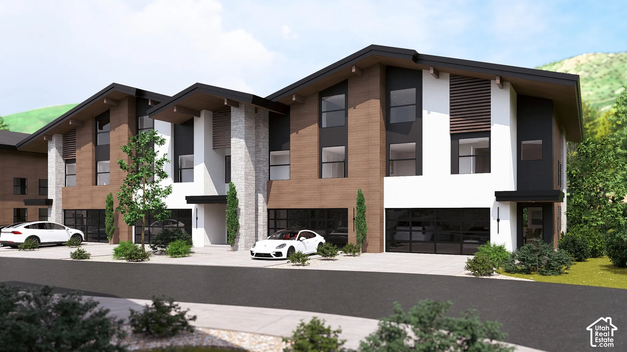 Modern architectural design with wood-finish siding and stone accents