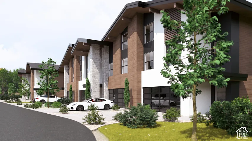Contemporary architectural design featuring a dark roofline, wood-finish siding, white and grey brick accents, and large windows