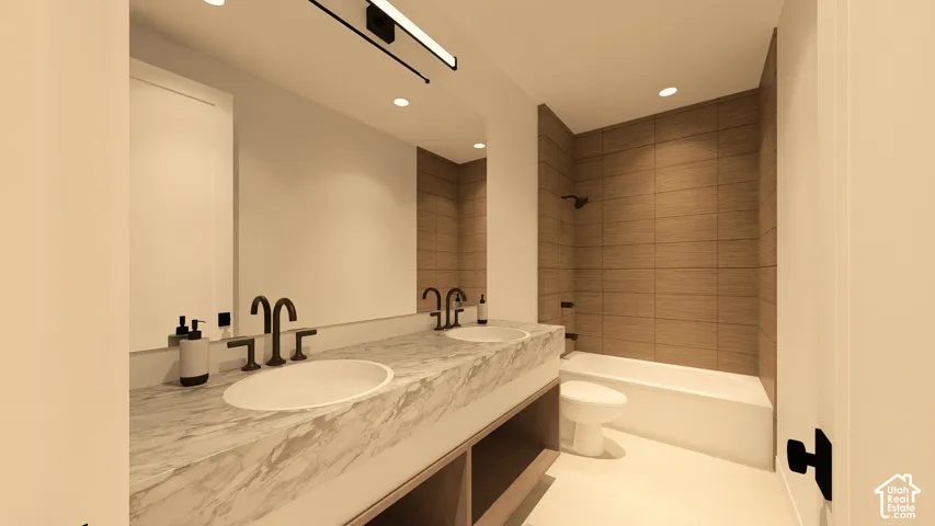 Dual vanity with marble-finish countertop and undermount sinks