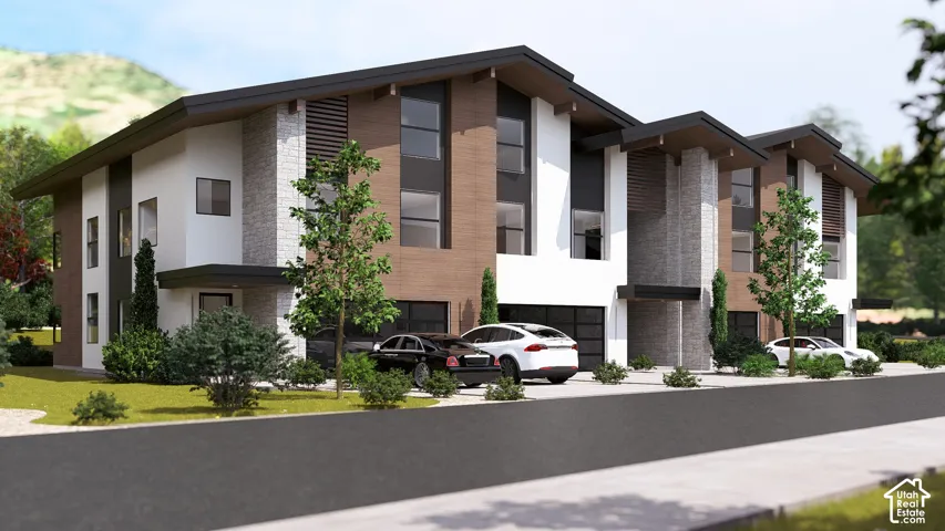 Contemporary architecture featuring a multi-tone facade with stone and wood-look accents