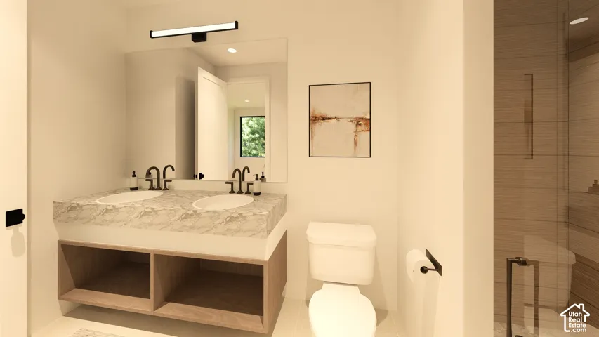 Floating double vanity with a stone countertop and dual sinks