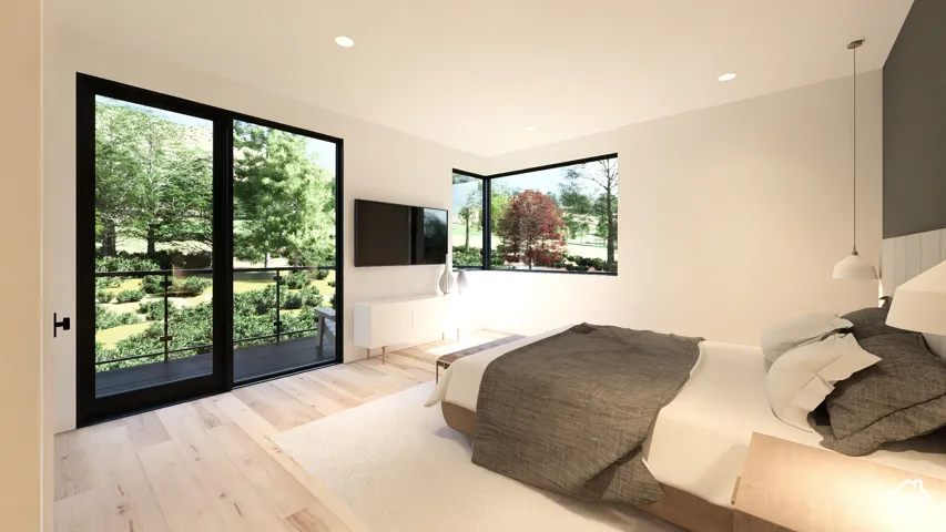 Light-toned wood-finish flooring with recessed ceiling lighting
