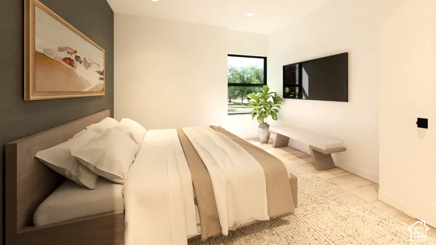 Recessed lighting, wood-finish flooring, and a large window with black trim