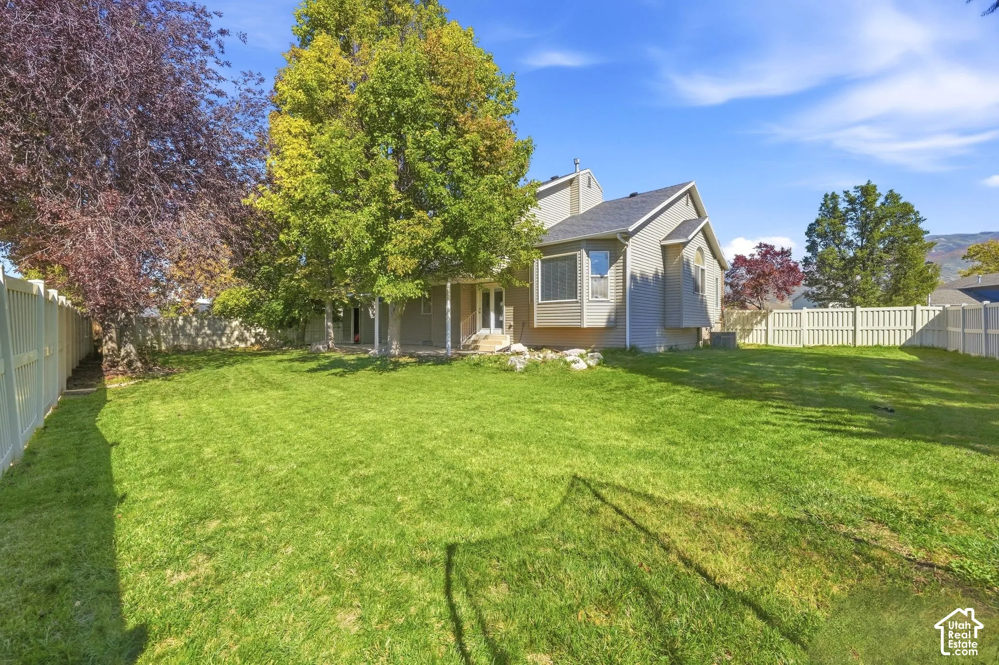 Expansive backyard featuring a manicured lawn, mature trees, and a privacy fence