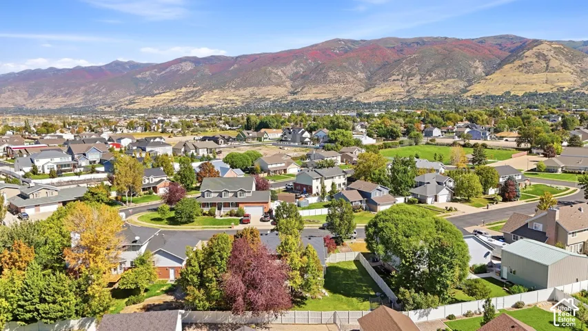 Neighborhood setting with mature trees and mountain scenery