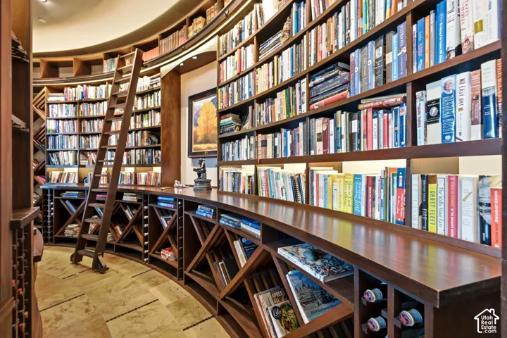 Custom curved built-in hardwood shelving with ladder access.