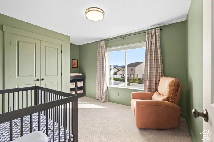 Wall-to-wall carpeting, window with outdoor scenery, flush mount lighting, and double panel doors