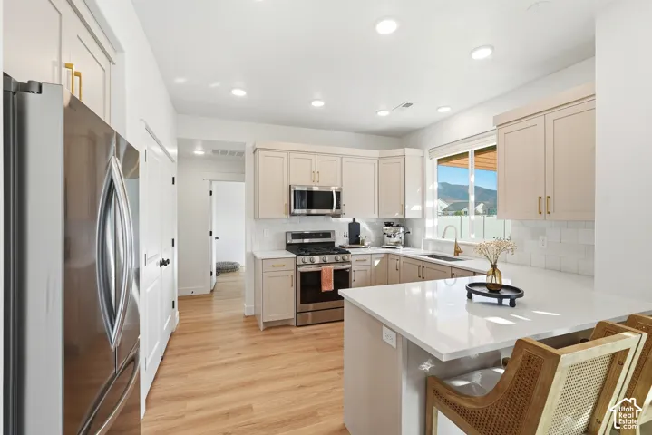 Kitchen featuring a white subway tile backsplash, light-toned cabinetry, stainless steel appliances, and wood-finish flooring