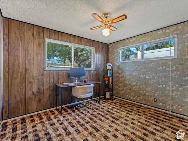 Wood paneling accent wall, patterned wall covering, ceiling fan with integrated lighting, and multiple windows