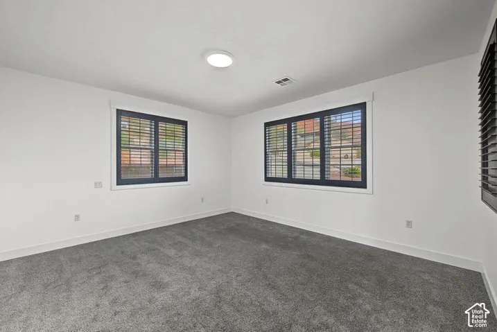 Recessed lighting, neutral gray carpeting, white walls, and multiple windows with dark shutters
