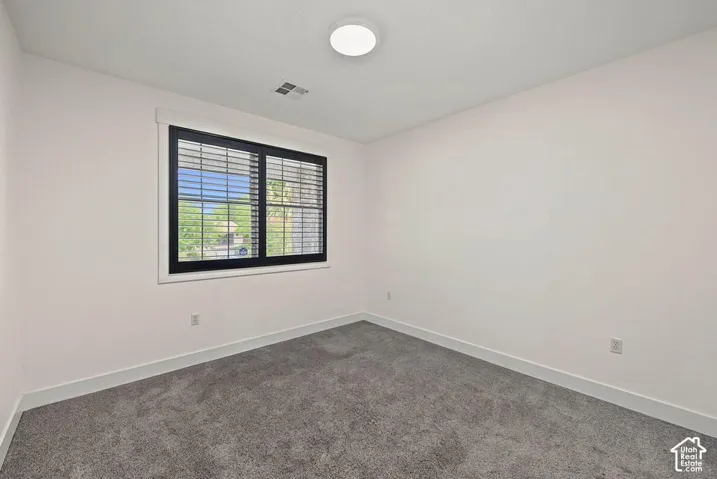 Window with dark frames, gray carpeting, white walls, and a ceiling-mounted light fixture