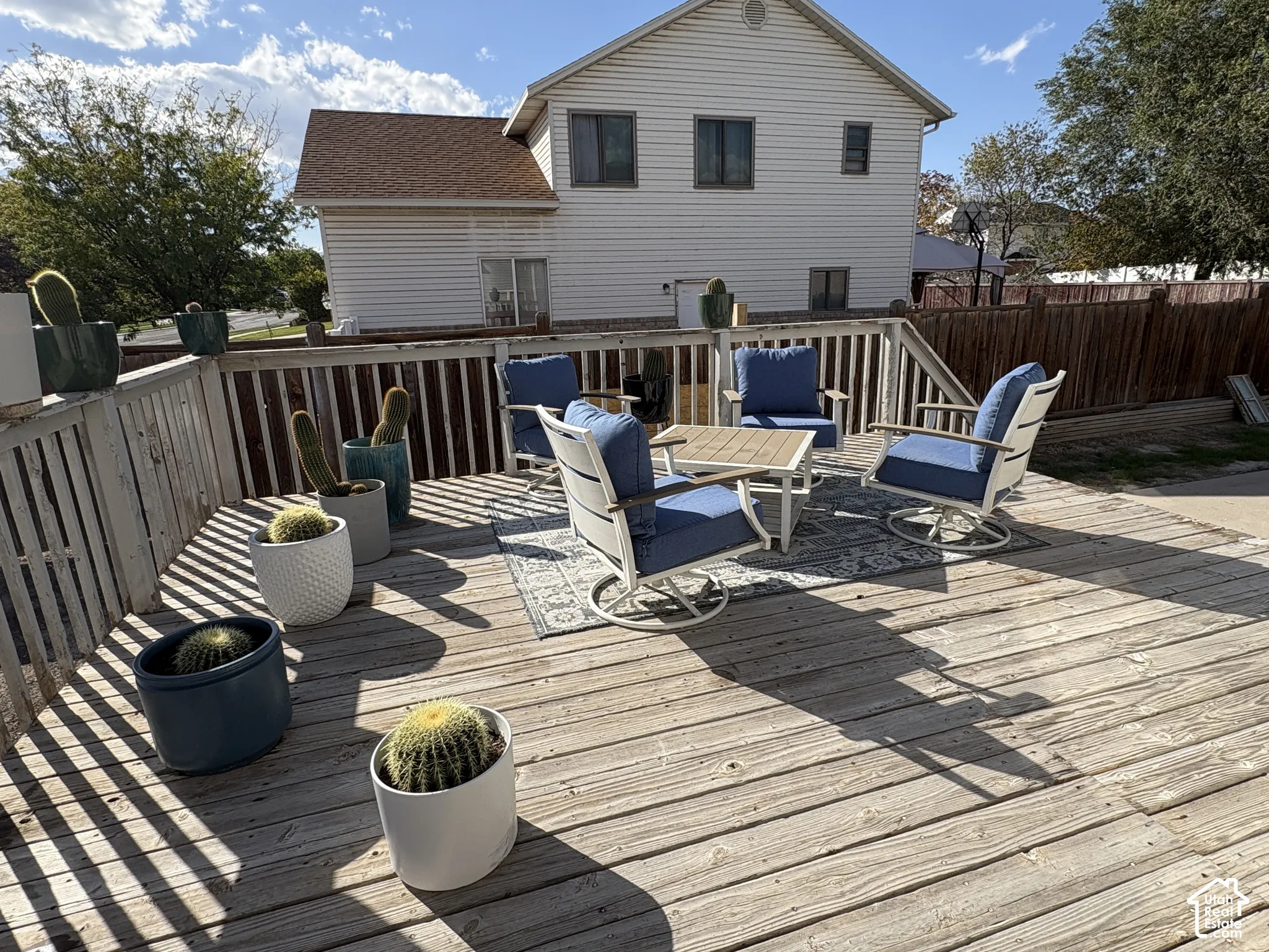 Expansive wood deck with a full railing system