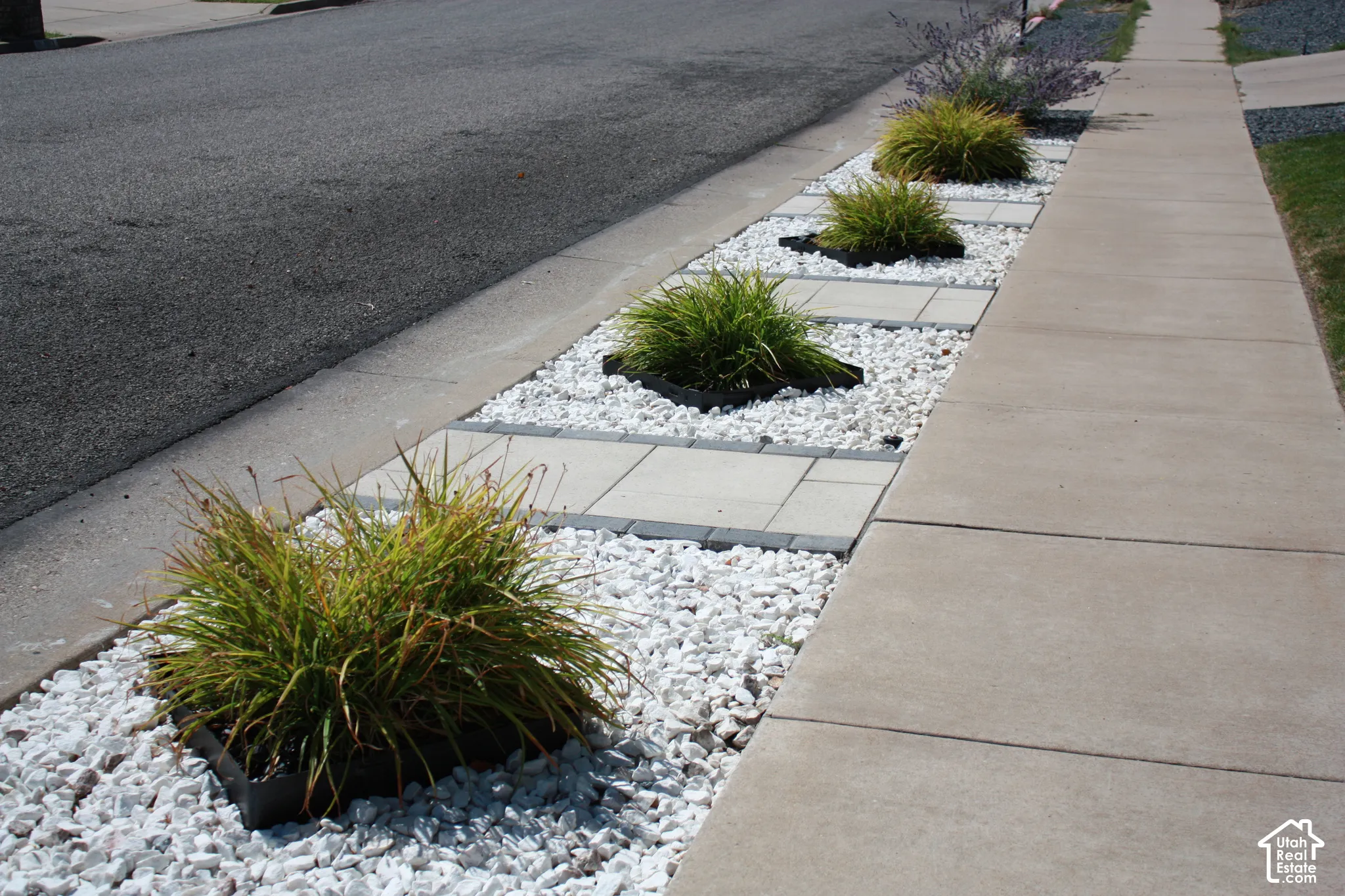 Paved sidewalk with a decorative landscaping strip featuring white gravel, rectangular pavers, and planted grasses