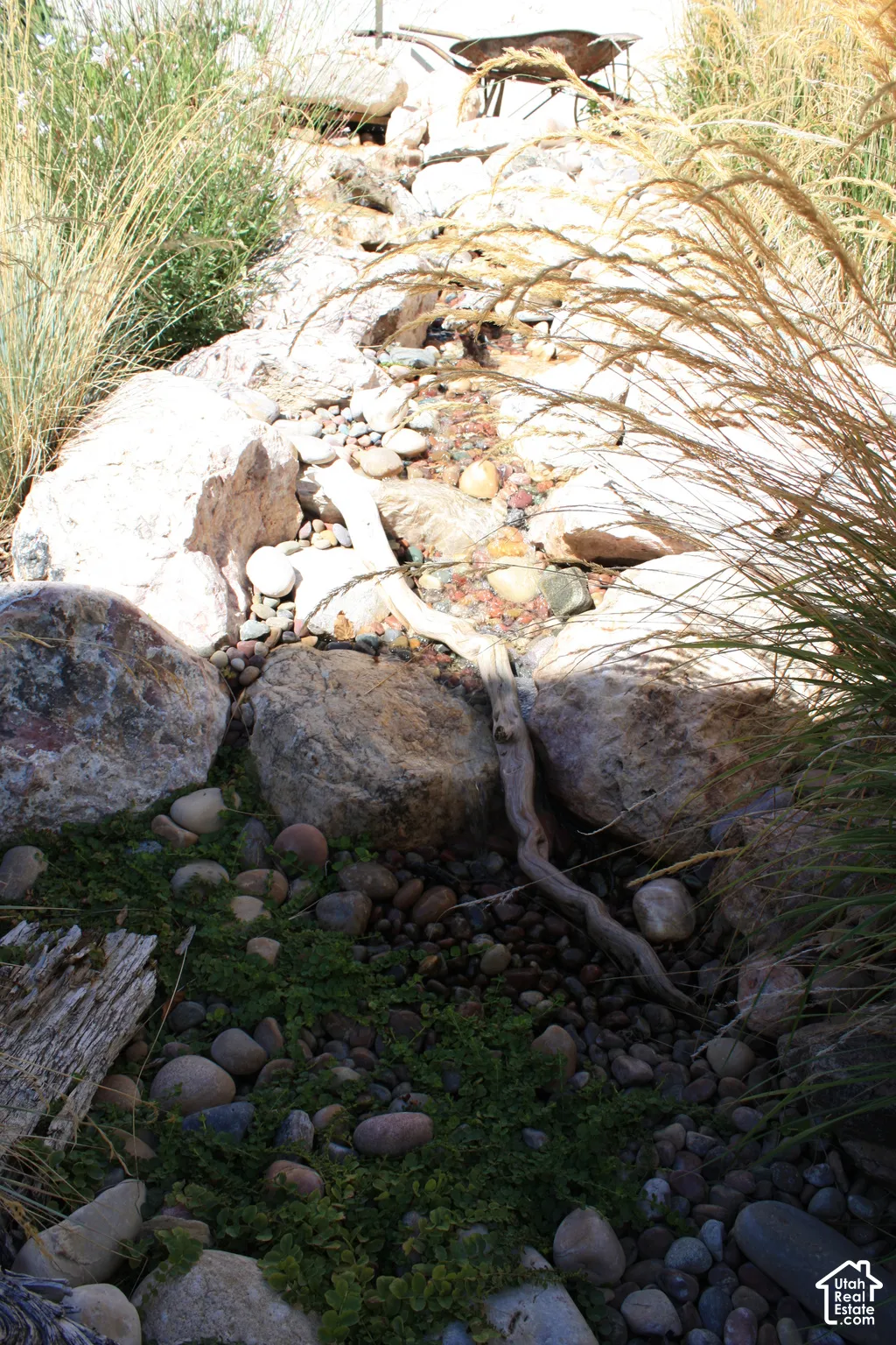 Naturalistic water feature with a stone bed, river rock accents, and lush ground cover