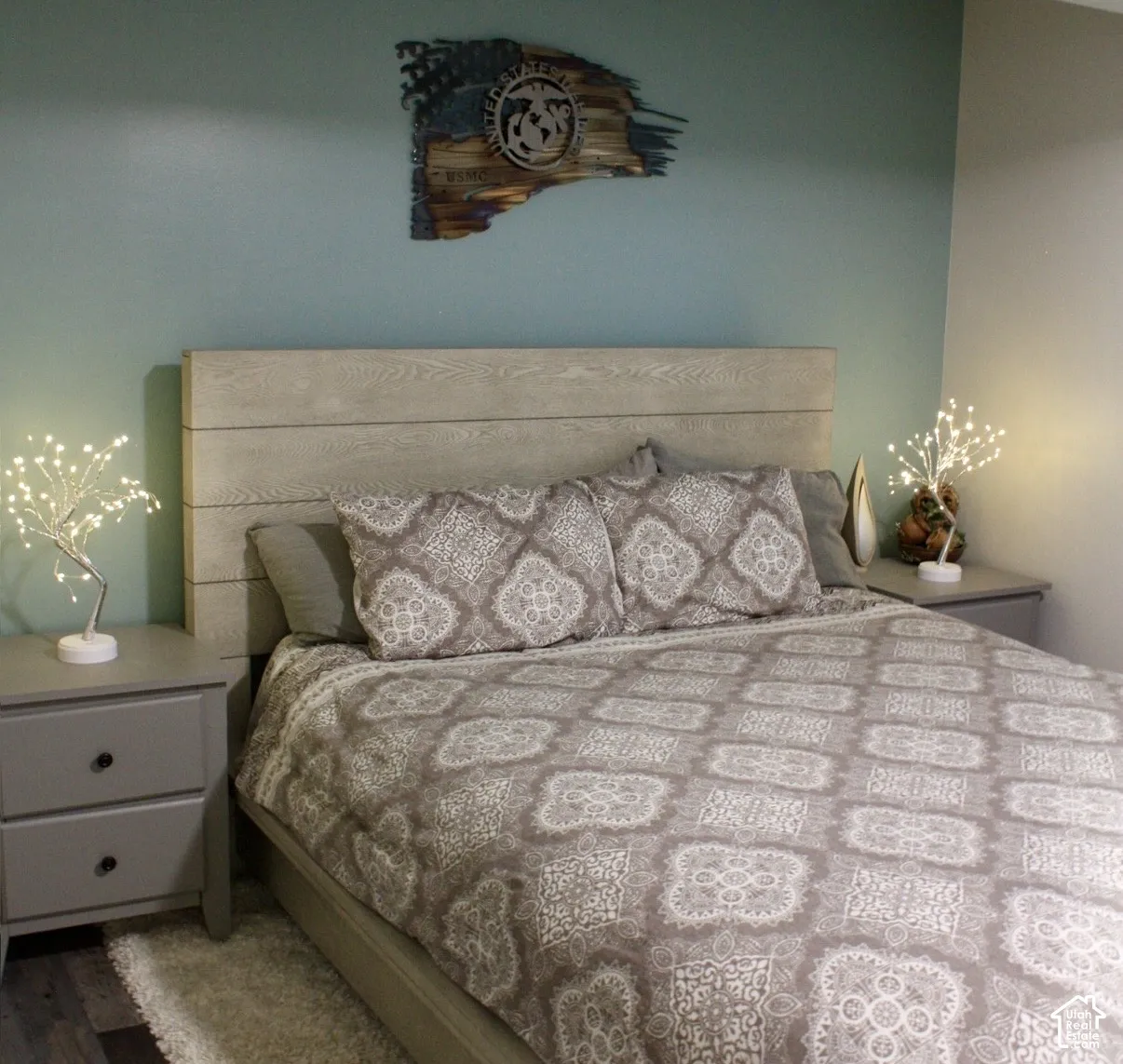 Wood-finish headboard with integrated bed frame