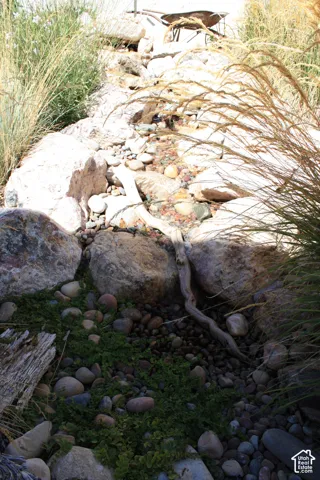 Naturalistic water feature with a stone bed, river rock accents, and lush ground cover