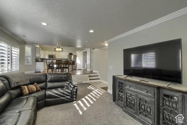 Recessed lighting, crown molding, plantation shutters, and a raised dining area with wood-finish flooring