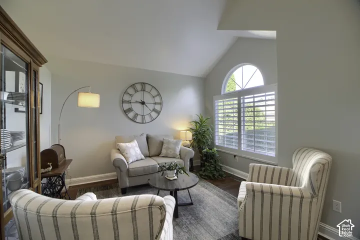 Vaulted ceiling with an arched window, plantation shutters, wood-finish flooring, and built-in display cabinetry