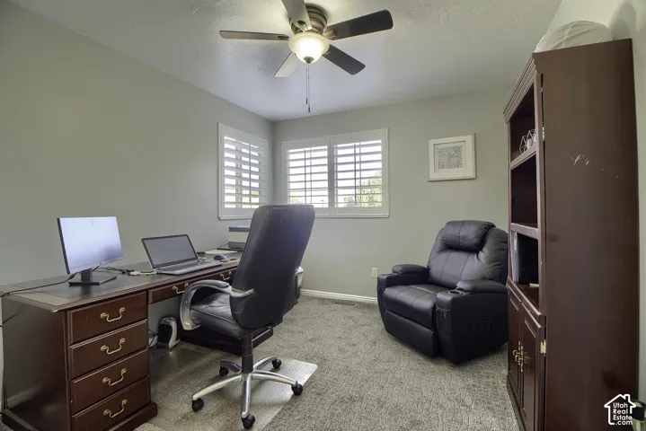 Dual windows with white plantation shutters, ceiling fan with light fixture, light gray wall paint, and gray carpet flooring