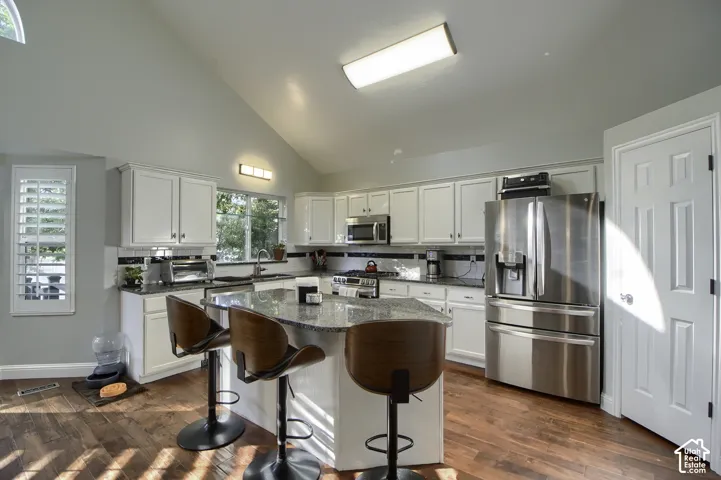 Vaulted ceiling with overhead lighting, white cabinetry, granite island with seating, stainless steel appliances, and wood-finish flooring