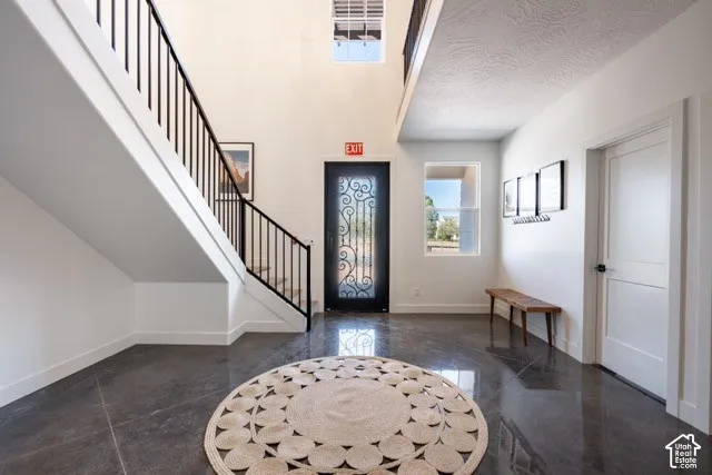 Two-story foyer with a wrought iron staircase, high ceilings, and a decorative glass entry door with sidelights