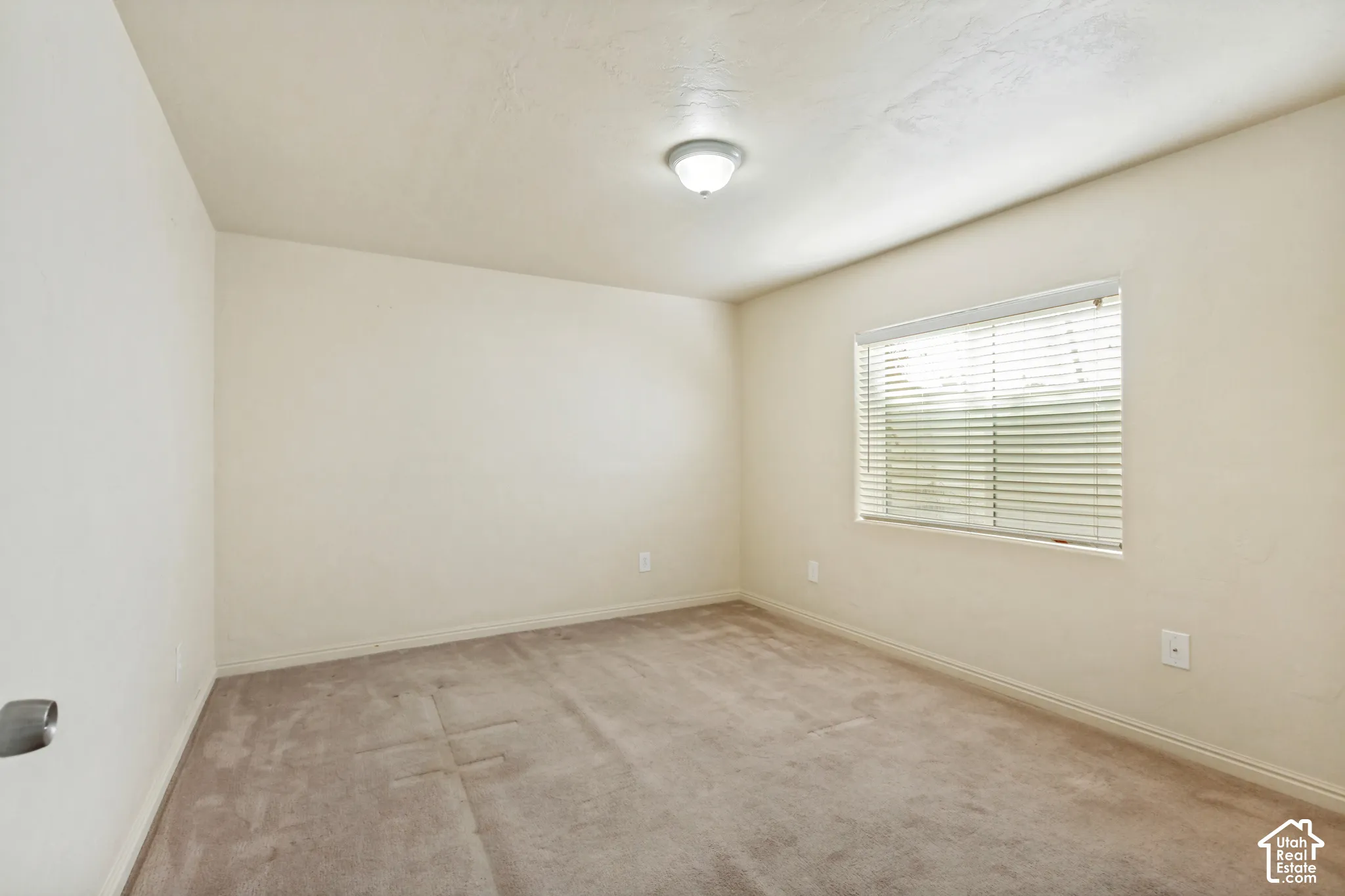 Neutral-toned walls complement the carpeted flooring